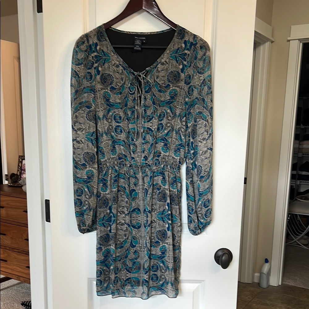 Max Edition Blue and Green Patterned Long Sleeve Dress